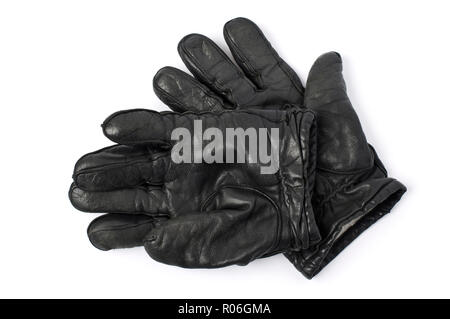 Une paire de gants en cuir noir sur fond blanc. Banque D'Images
