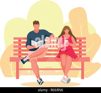 L'homme et la jeune fille assise sur un banc. Femme utilise un téléphone mobile. Man reading book. Banc de parc Vector Illustration Illustration de Vecteur