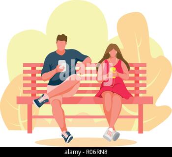 L'homme et la jeune fille assise sur un banc. Guy utilise un téléphone mobile. Femme à l'écoute de la musique. Banc de parc Vector Illustration Illustration de Vecteur