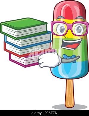 Étudiant avec la crème glacée coloré livre stick sur Mascot Illustration de Vecteur