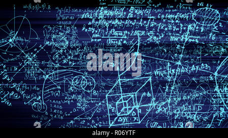 Le rendu 3D abstract blocs de formules mathématiques qui sont dans l'espace virtuel. L'intérieur de l'appareil photo les formules mathématiques Banque D'Images