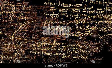 Le rendu 3D abstract blocs de formules mathématiques qui sont dans l'espace virtuel. L'intérieur de l'appareil photo les formules mathématiques Banque D'Images