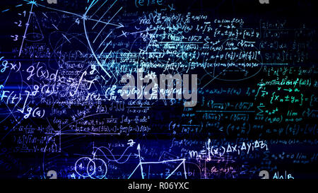 Le rendu 3D abstract blocs de formules mathématiques qui sont dans l'espace virtuel. L'intérieur de l'appareil photo les formules mathématiques Banque D'Images