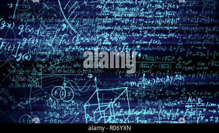 Le rendu 3D abstract blocs de formules mathématiques qui sont dans l'espace virtuel. L'intérieur de l'appareil photo les formules mathématiques Banque D'Images