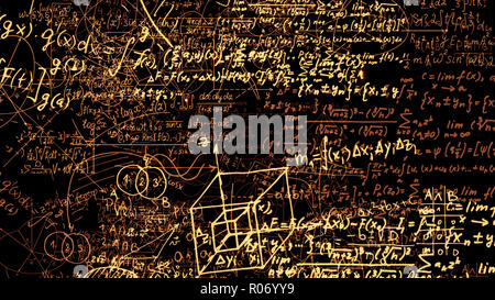 Le rendu 3D abstract blocs de formules mathématiques qui sont dans l'espace virtuel. L'intérieur de l'appareil photo les formules mathématiques Banque D'Images