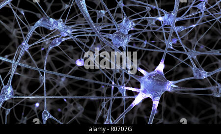 Le rendu 3D d'un réseau de cellules de neurones et synapses dans le cerveau par des impulsions électriques qui se décharge et col Banque D'Images