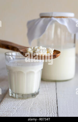 Le kéfir de lait fait maison fait par fermentation du lait avec les grains de kéfir. Banque D'Images