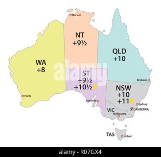 L'Australie utilise trois principaux fuseaux horaires carte vectorielle. Illustration de Vecteur