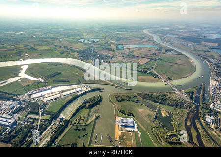 Vue aérienne de la rivière Lippe, delta,nouvelle rivière Lippe bouche, marée basse, bancs de sable, se jette dans le Rhin, Lippendorf, Wesel, Ruhr, Niederrhein, No Banque D'Images