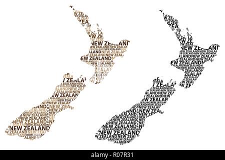 Sketch Nouvelle-zélande carte texte de lettre, Nouvelle-Zélande - sous la forme du continent, la carte Nouvelle-zélande - marron et noir vector illustration Illustration de Vecteur