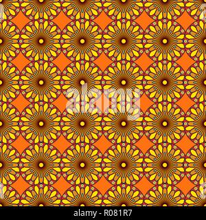 Abstract pattern décoratif se compose de mandala en rouge, orange, jaune et les tons de bleu, comme un vecteur seamless texture tissu Illustration de Vecteur