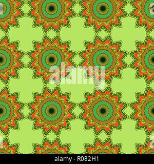 Abstract pattern contraste avec mandala de décoration dans des tons vert et orange, comme un vecteur seamless texture tissu Illustration de Vecteur