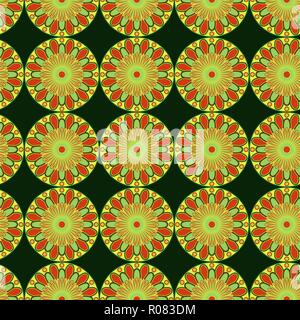 Décoration florale motif transparent en vert, jaune et orange hues sur le fond sombre, vecteur comme une texture de tissu Illustration de Vecteur