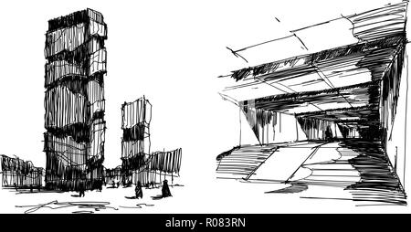 Deux architectectural dessinés à la main, dessins d'un grand immeuble moderne résumé et couloir sombre Illustration de Vecteur