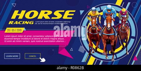 Bannière. Modèle universel pour un site web avec du texte, des boutons. Jockey à cheval. Les courses de chevaux. Hippodrome. Hippodrome. Aller de course. L'équitation. Vector illustration. Illustration de Vecteur