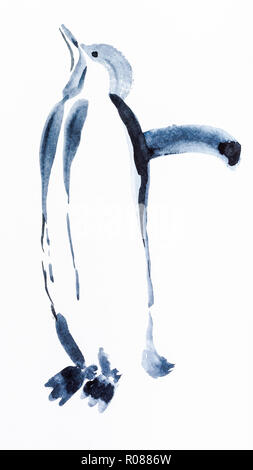 Peinture à la main de style sumi-e sur papier blanc - penguin oiseau dessiné par black aquarelles Banque D'Images