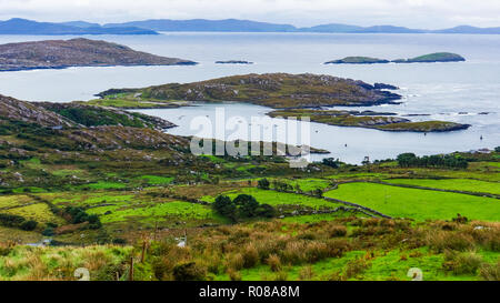 Voir de champs verts, côte rocheuse et la baie faisant face à la péninsule de Dingle, à travers l'eau tout en conduisant le long de l'anneau de Kerry Banque D'Images