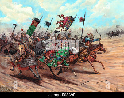 Attaque mongol. Illustration de la bataille médiévale. Peinture acrylique. Banque D'Images