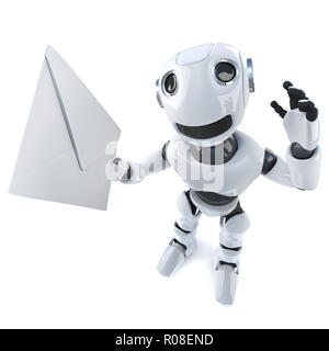 3D render of a robot funny cartoon character holding enveloppe d'un e-mail Banque D'Images