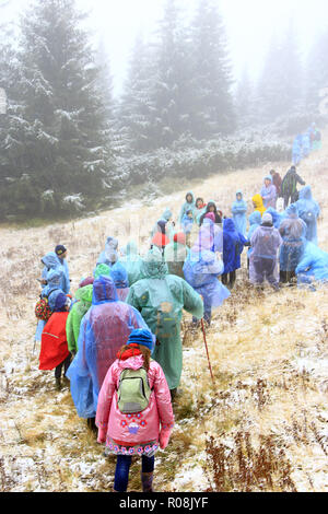 Groupe de touristes dans des imperméables sur la randonnée dans les montagnes. Concept de voyage. Les gens qui voyagent à travers forêts et montagnes Banque D'Images