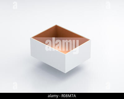Maquette boîte blanche avec fenêtre en plastique transparent et feuille d'or carton à l'intérieur dans le Light Studio, blister, rendu 3D