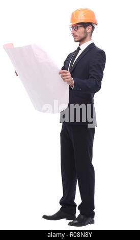 En pleine croissance. businessman looking at dessins d'un nouveau projet. isolé sur fond blanc Banque D'Images