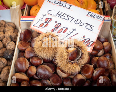 Français frais châtaignes en vente sur un étal du marché au Royaume-Uni, avec une étiquette de prix Banque D'Images