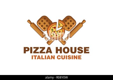 Maison en bois avec Pizza pizza et peel Rolling pin logo design inspiration Illustration de Vecteur