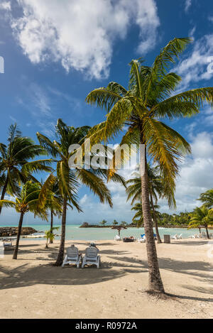Le Gosier, Guadeloupe - 20 décembre 2016 : scène de plage des Caraïbes avec des gens profitant de la plage et l'ombre sous les palmiers près de Le Gosier en G Banque D'Images