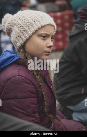 Stockholm, Suède. Nov 2, 2018. Greta Thunberg, le 15 ans, militant du climat suédois se trouve à l'extérieur du parlement suédois et qui a attiré l'attention du monde entier en septembre lorsqu'elle s'est rendue sur l'avant-grève l'école de l'élection présidentielle. Crédit : Joel Alvarez/ZUMA/Alamy Fil Live News Banque D'Images