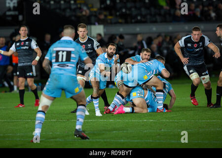 Swansea, Royaume-Uni. 09Th Nov, 2018. Stade Liberty, Swansea, Pays de Galles, Royaume-Uni. Vendredi 2 novembre 2018. Glasgow Warriors demi de mêlée Nick Frisby passe dans le Guinness Pro14 match de rugby entre les Ospreys et Glasgow Warriors. Credit : Gruffydd Thomas/Alamy Live News Banque D'Images