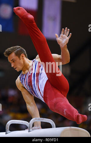 Doha, Qatar. Nov 2, 2018. Samuel Mikulak (USA), le 2 novembre 2018 - 2018 Gymnastique Artistique : Les championnats du monde de gymnastique artistique hommes cheval d'arçons le dôme Aspire au final à Doha, Qatar. Credit : MATSUO.K/AFLO SPORT/Alamy Live News Banque D'Images