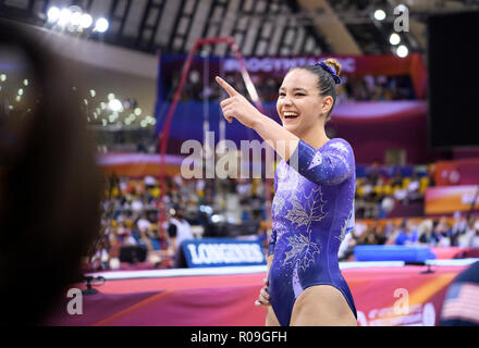 Doha, Katar. 09Th Nov, 2018. Shallon Olsen (Canada) rires, spectacles. GES/gym/Championnats du monde de gymnastique à Doha, Geraetfinale, 02.11.2018 - GES/Gymnastique Artistique Gymnastique/Championnats du Monde : 02.11.2018 - utilisation dans le monde entier | Credit : dpa/Alamy Live News Banque D'Images