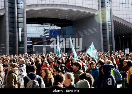Bruxelles, Belgique. Novembre 2018 3.tenir les militants des pancartes et slogans chant lors d'une manifestation pour réclamer une action immédiate sur les changements climatiques devant le Parlement européen. Alexandros Michailidis/Alamy Live News Banque D'Images