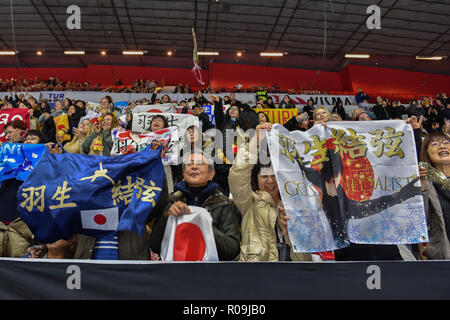 Helsinki, Finlande. 06Th Nov, 2018. Au cours des fans japonais dans le programme court de l'ISU Grand Prix de patinage artistique 2018 à Helsinki Helsinki (Helsingin Jaahalli Hall de glace) le samedi, 03 novembre 2018. HELSINKI . (Usage éditorial uniquement, licence requise pour un usage commercial. Aucune utilisation de pari, de jeux ou d'un seul club/ligue/dvd publications.) Crédit : Taka Wu/Alamy Live News Banque D'Images