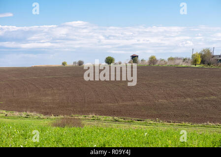 Champ labouré paysage avec ciel bleu et l'herbe Banque D'Images