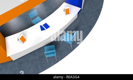 Modèle 3D d'un kiosque pour les ventes dans un salon octogonal avec des chaises pour les clients et fournisseurs sur un tapis circulaire. Se tenir en blanc, bleu et orange Banque D'Images