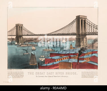 Le grand pont de la rivière de l'Est, pour connecter les villes de New York et Brooklyn, Hand-Colored lithographie, Currier & Ives, 1872 Banque D'Images