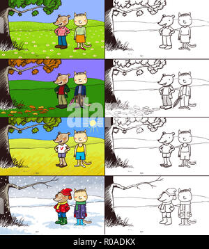 Quatre saisons, illustration numérique style enfants Banque D'Images