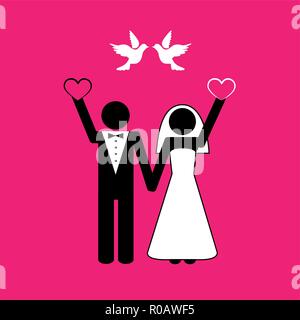 Couple de mariage avec pictogramme colombes blanches sur fond rose vector illustration EPS10 Illustration de Vecteur