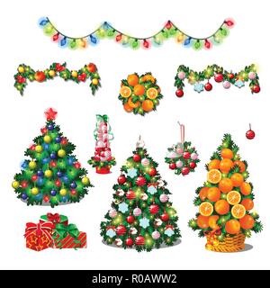 Jeu de Cute Arbre de Noël, des guirlandes colorées. Cadeaux de Nouvel An avec Ribbon Bow, classique des décorations de Noël, guirlande, Noël. Esquisse pour carte de Vœux, Invitation à une fête, l'affiche de la fête. Vecteur. Illustration de Vecteur