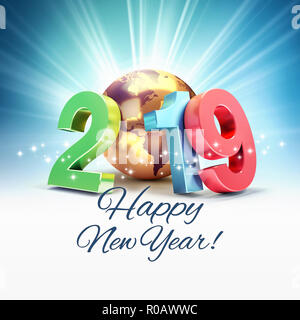Salutations et bonne année 2019 date numéro coloré composé d'une planète terre de l'or, l'accent sur l'Amérique, étoiles brillantes et les rayons de lumière derrière - 3D Banque D'Images