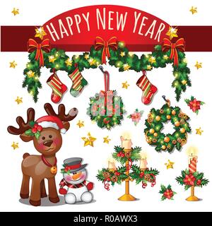 Croquis de carte de Noël mignon avec Red Ribbon Bow, cerfs, Bonhomme de neige, étoiles d'or. Nouvelle année, bougies, décorations de Noël classique, et couronne de Noël. Échantillon de poster, d'une invitation. Vector Illustration. Illustration de Vecteur