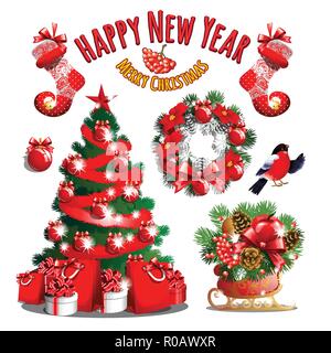 Croquis d'arbre de Noël mignon avec Red Ribbon Bow. Nouvelle année des boîtes-cadeaux, décorations de Noël classique, et couronne de Noël. Échantillon de poster, d'une invitation et d'autres carte. Vector Illustration. Illustration de Vecteur