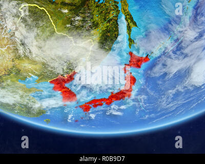 Le Japon et la Corée le modèle réaliste de la planète Terre avec des frontières du pays et très détaillée de la surface de la planète et les nuages. 3D illustration. Éléments de cette Banque D'Images