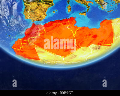 Région du Maghreb sur modèle réaliste de la planète Terre avec des frontières du pays et très détaillée de la surface de la planète et les nuages. 3D illustration. Éléments de cette Banque D'Images