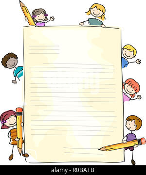 Illustration de Stickman Kids Holding crayon et un grand papier blanc pour écrire ou dessiner Banque D'Images