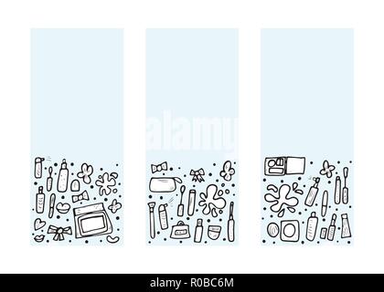 Vector set de bannière verticale de produits de beauté. Ensemble d'outils de dessin style doodle. Collection maquillage d'arrière-plans pour les médias sociaux. Illustration de Vecteur