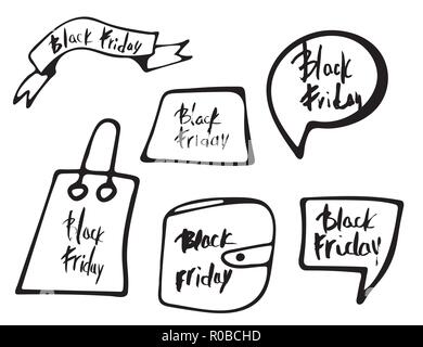 Collection de badges Vendredi Noir. Lettrage manuscrit pour la promotion. Illustration de Vecteur