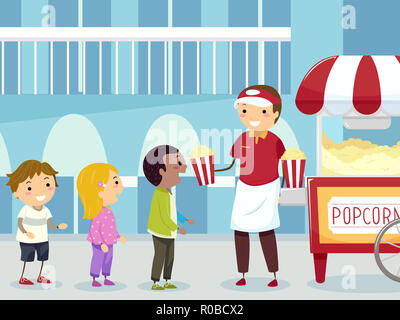 Illustration de Stickman Kids se tenant dans la ligne et l'achat d'un vendeur de Popcorn Banque D'Images